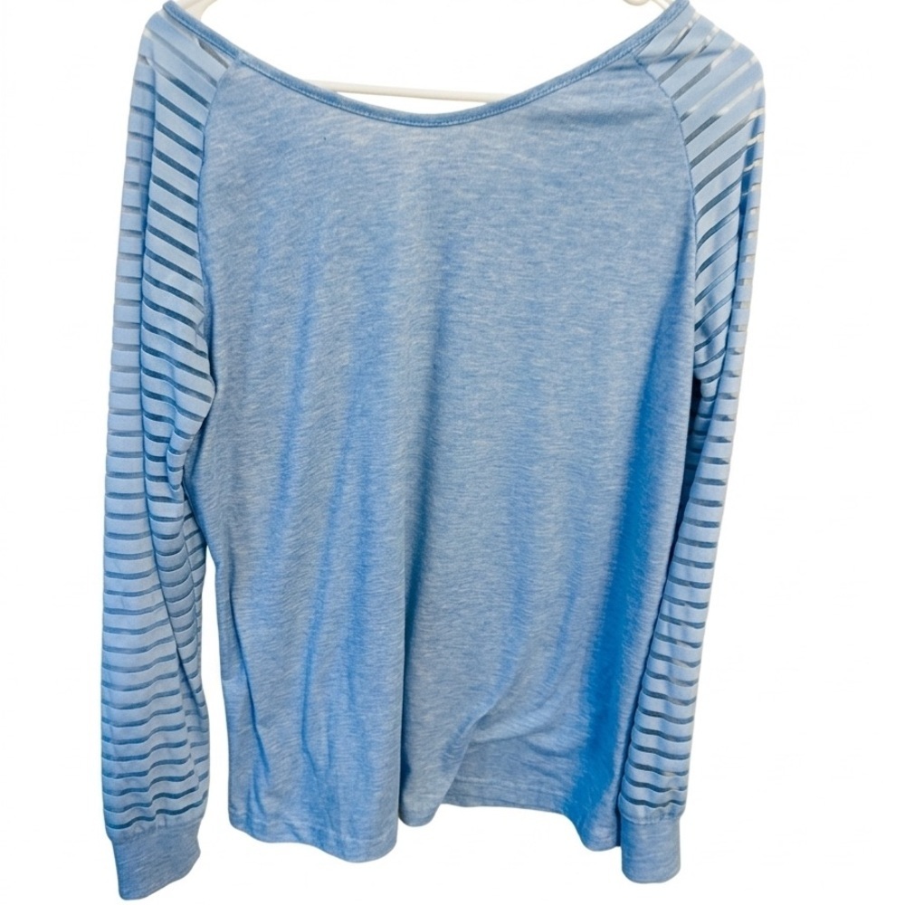Meufam Light Blue V-Neck Top Sheer Stripe Sleeves Stretch Blouse M - Picture 4 of 7